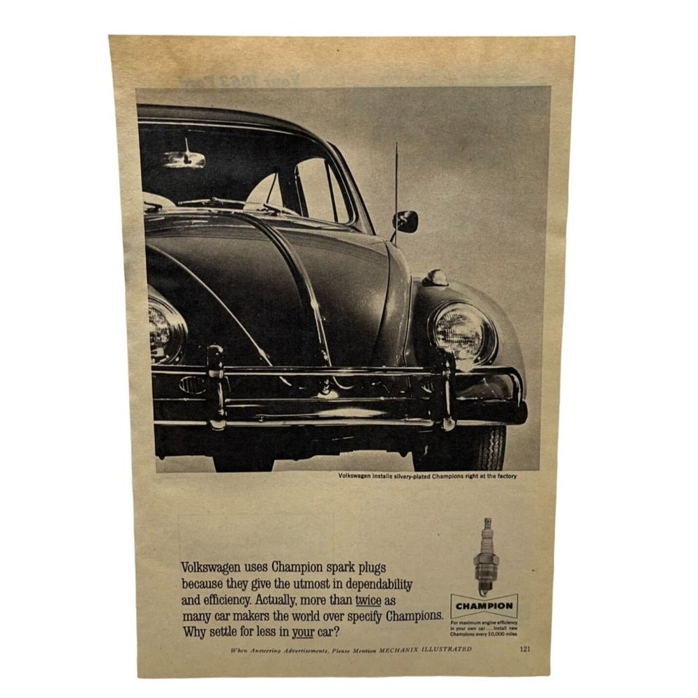 Vintage 1963 Print Ad Volkswagen Beetle Uses Champion Spark Plugs Original Ad